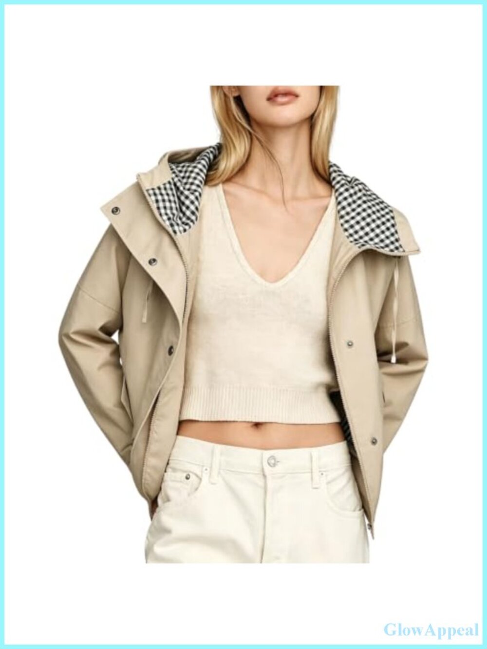 Cropped Trench Coat Hooded Zip Up Windbreaker Plaid Lining Cotton Polyester